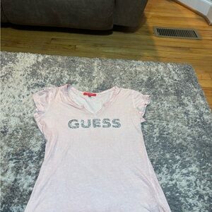 Guess Light Pink Short Sleeve Logo Tee with Silver Glitter
